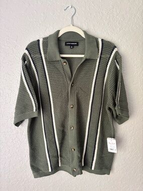 Lucky Brand Olive Knit Polo Button Up with blue/white Stripes